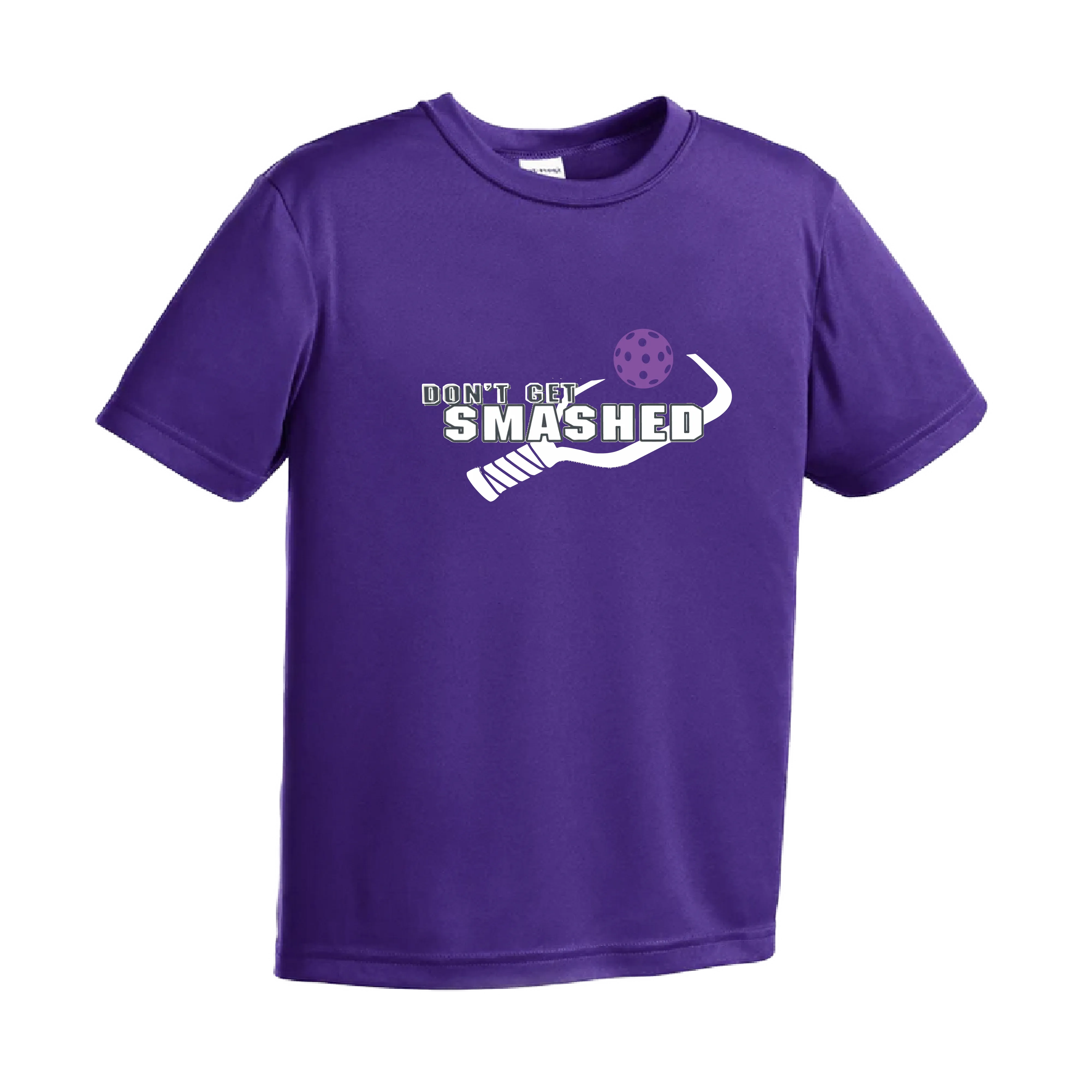 Don't Get Smashed (Purple White Yellow Pickleball Colors) | Youth Short Sleeve Athletic Shirt | 100% Polyester