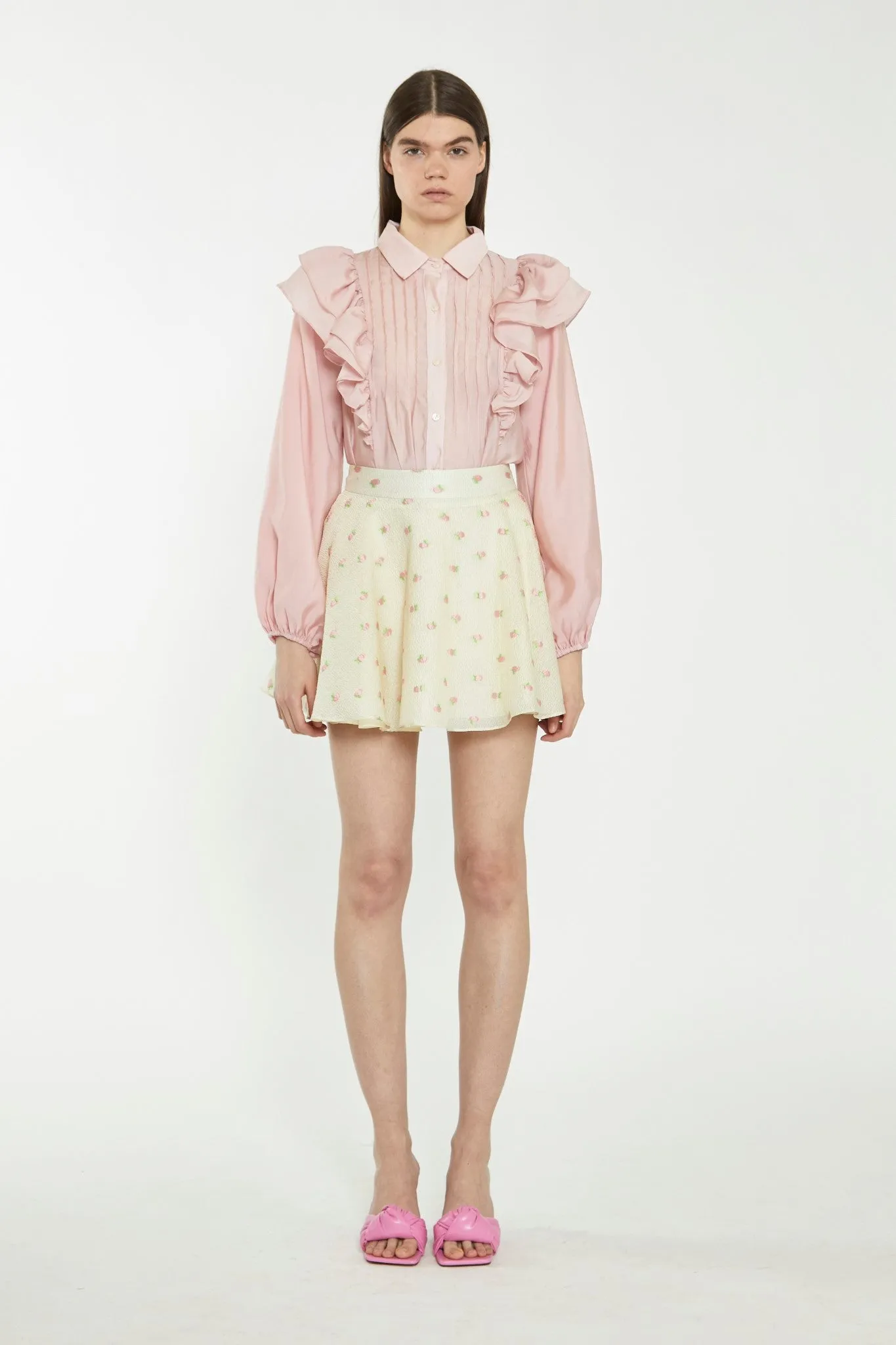 Dusty Pink Button-Front Ruffle Blouse