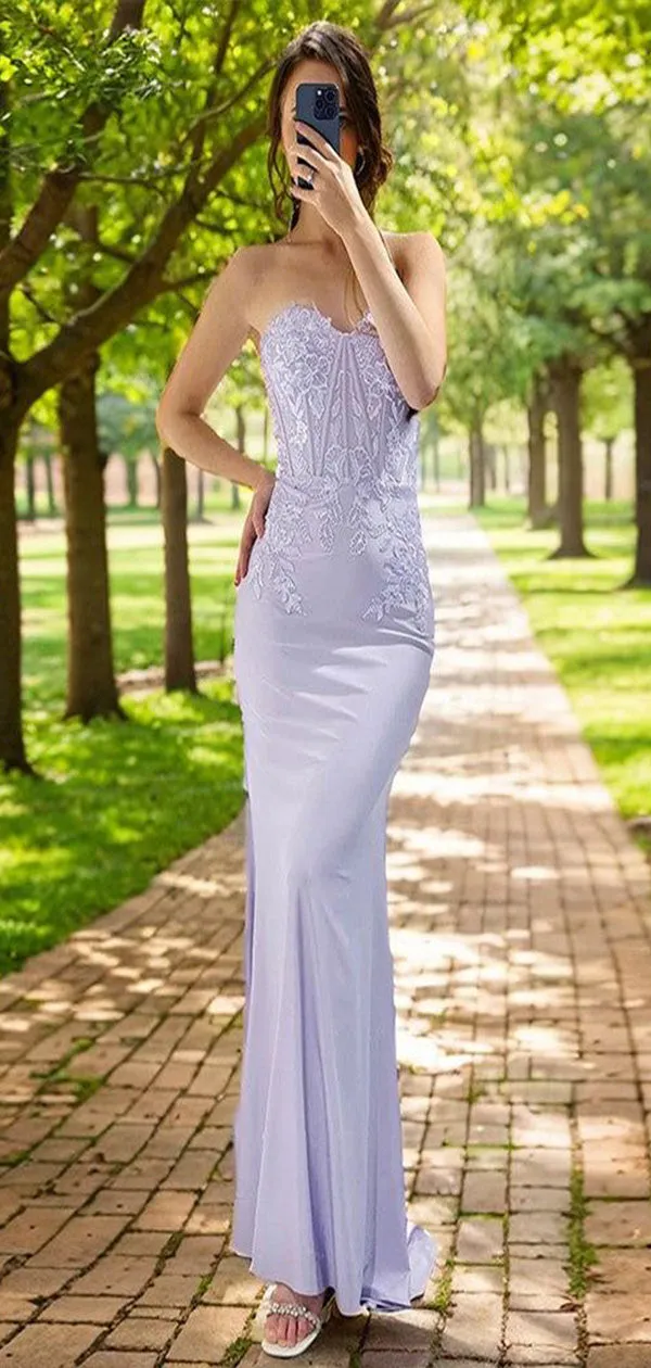 Elegant Lilac Mermaid Strapless Applique With Trailing Maxi Long Party Prom Gowns,Evening Dresses,WGP390