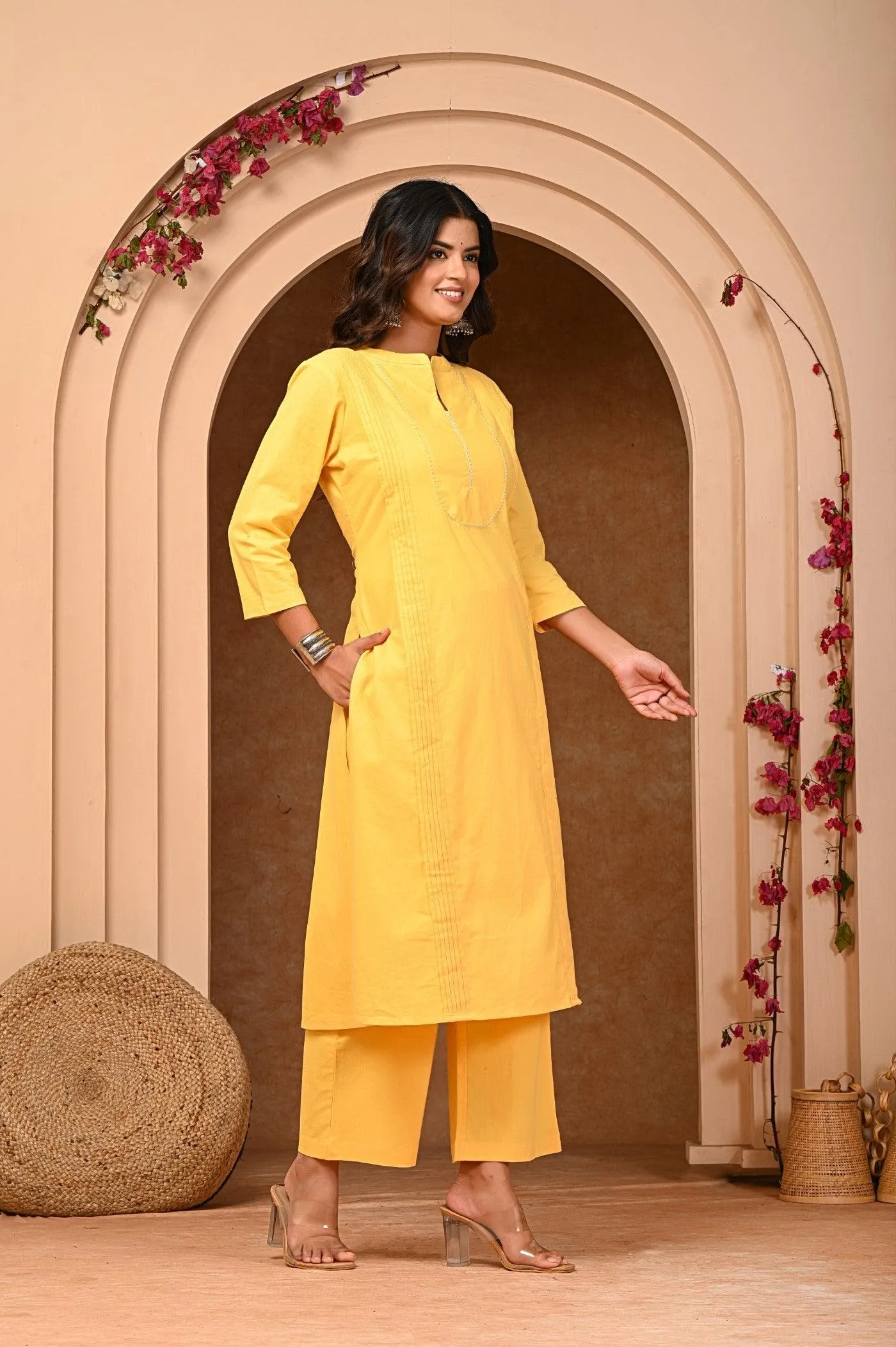 Elegant Yellow A-Line Kurta with Pant Set