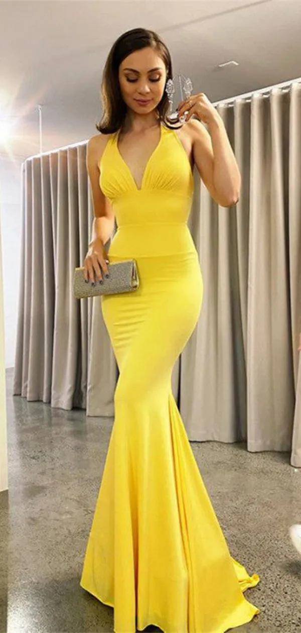 Elegant Yellow Mermaid Halter Strap Backless Popular Long Evening Dresses, Formal Dresses, Birthday Party, WGP641