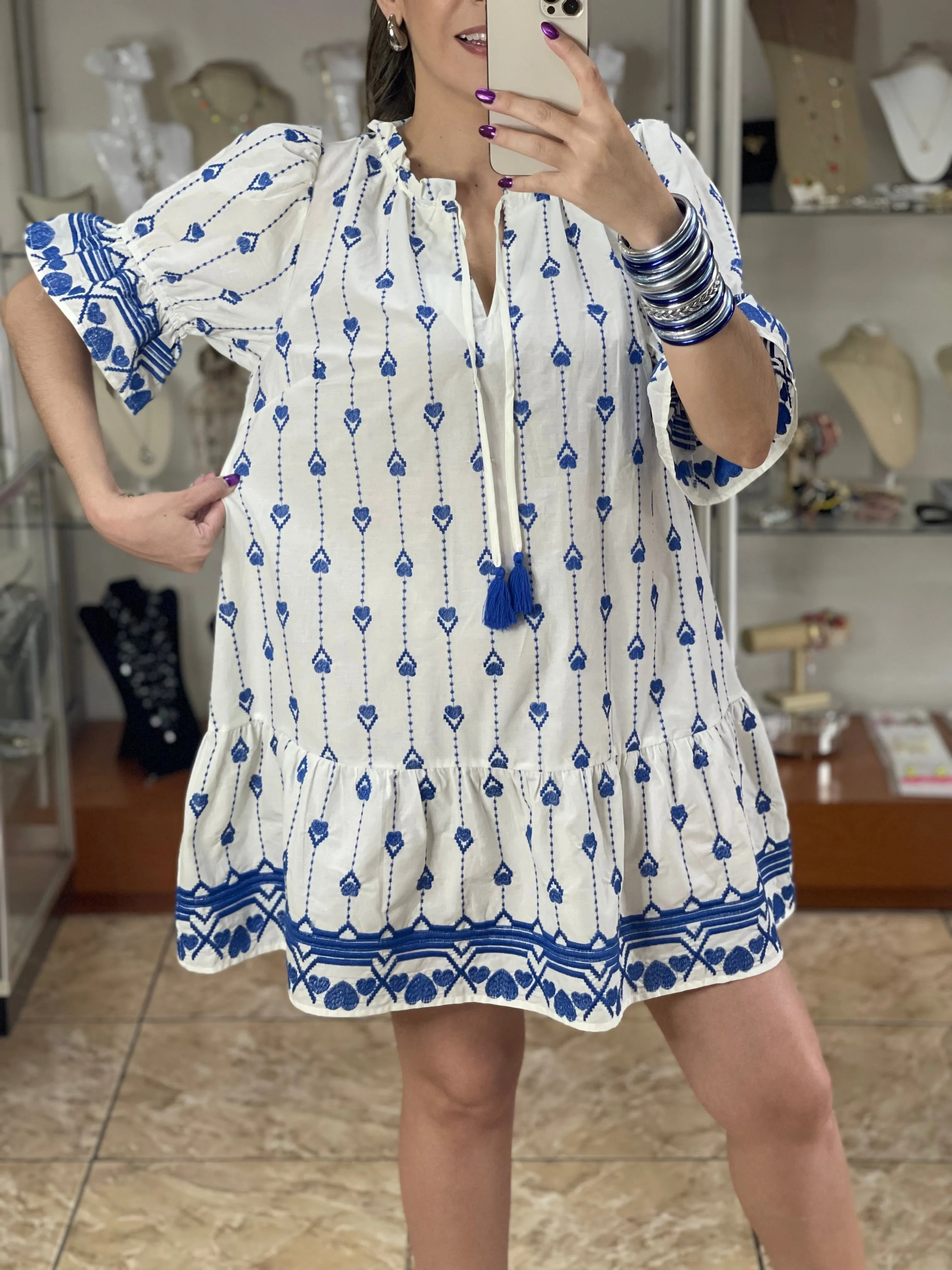 Embroidered Hearts Mini Dress