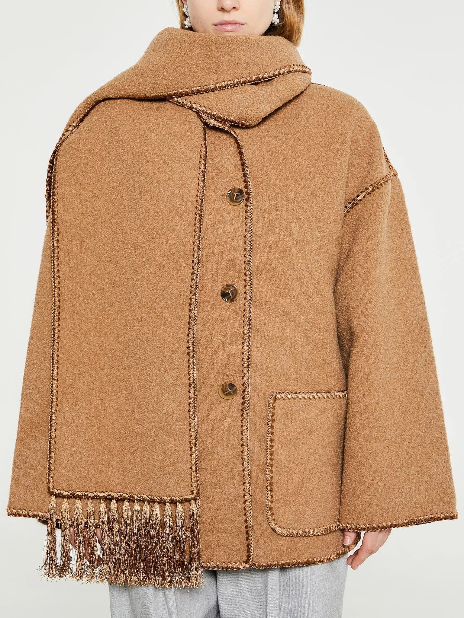 Embroidered Scarf Jacket in Camel