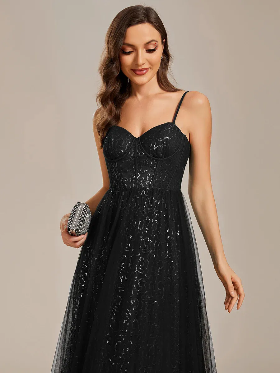 Exquisite Empire Waist Sequin Shiny A-Line Floor Length Sweetheart Neckline Spaghetti Straps Evening Dress