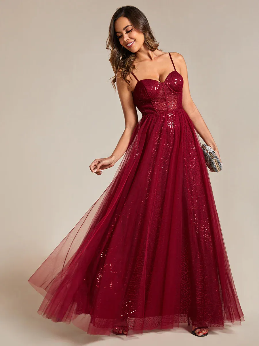 Exquisite Empire Waist Sequin Shiny A-Line Floor Length Sweetheart Neckline Spaghetti Straps Evening Dress