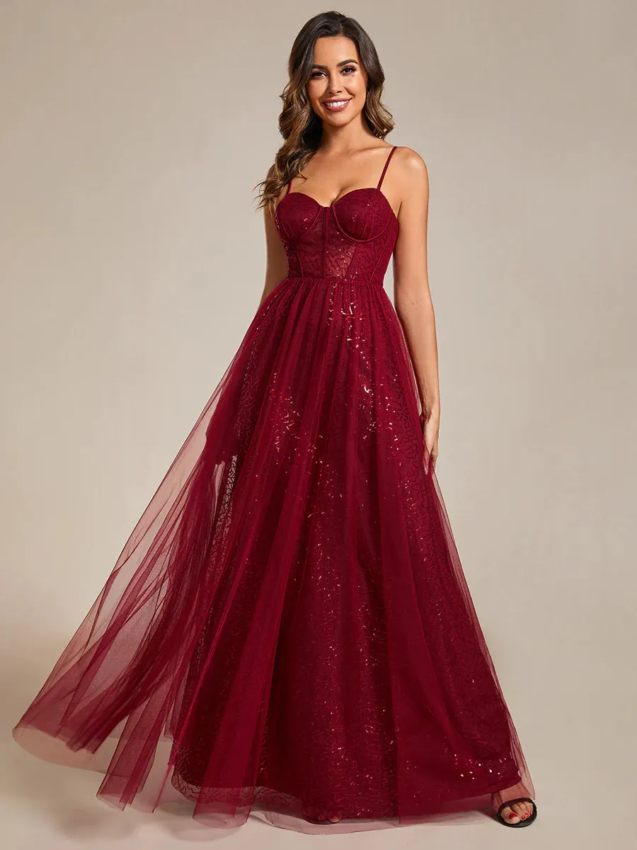 Exquisite Empire Waist Sequin Shiny A-Line Floor Length Sweetheart Neckline Spaghetti Straps Evening Dress