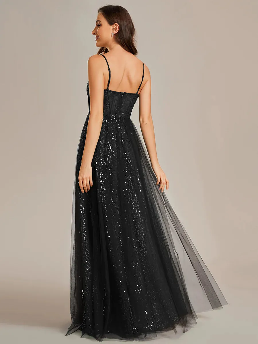 Exquisite Empire Waist Sequin Shiny A-Line Floor Length Sweetheart Neckline Spaghetti Straps Evening Dress