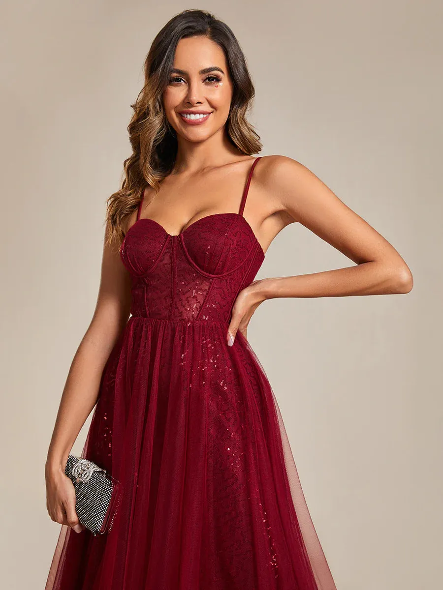 Exquisite Empire Waist Sequin Shiny A-Line Floor Length Sweetheart Neckline Spaghetti Straps Evening Dress