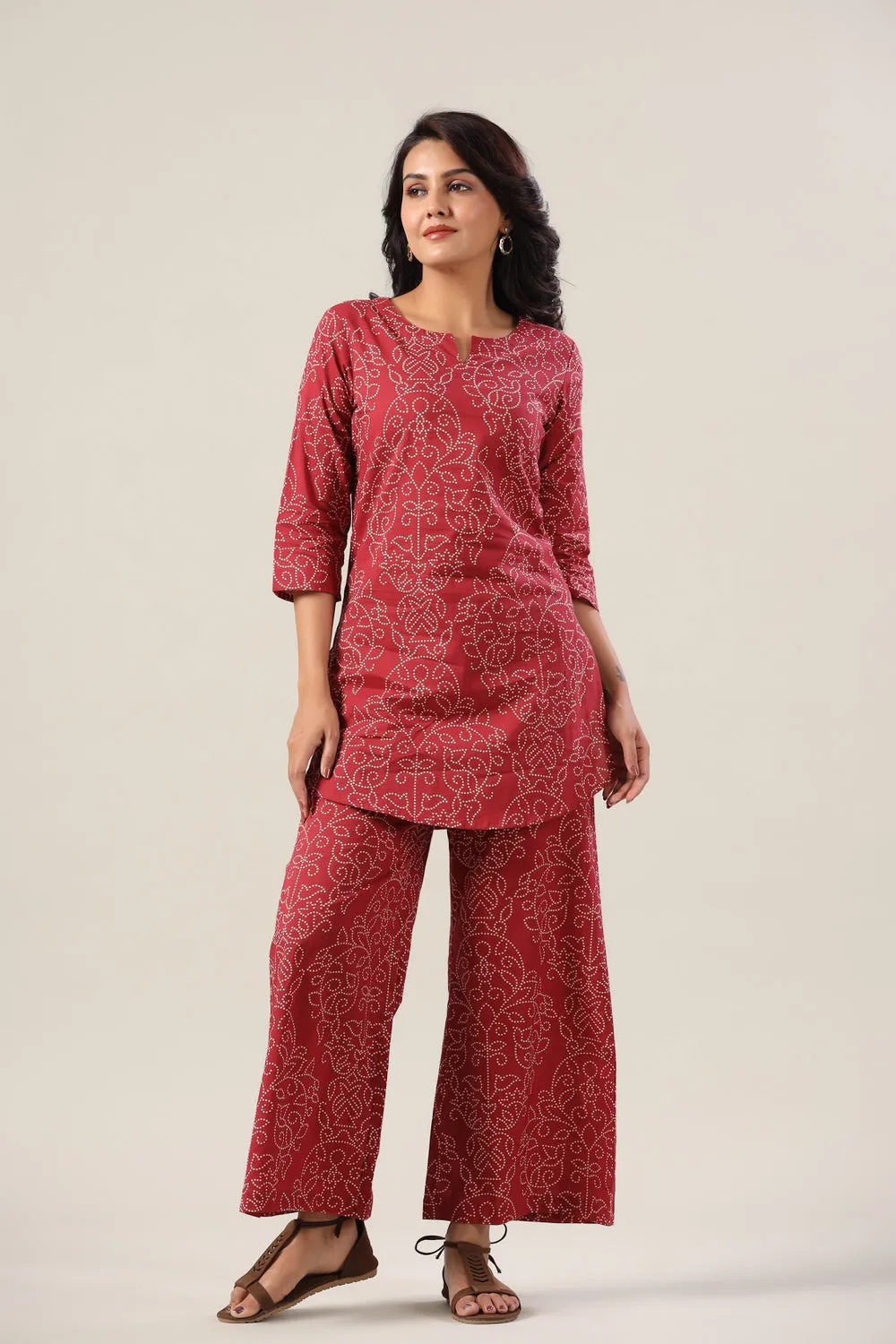 Floral Bhandej Dots on Maroon Cotton Palazzo Co-ord Set