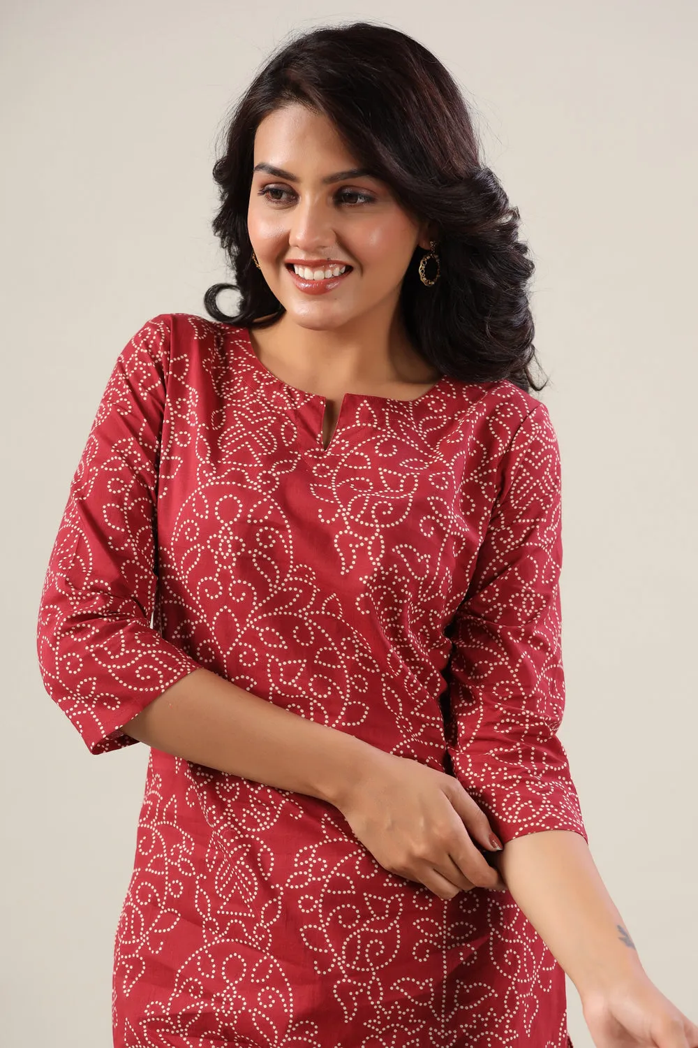 Floral Bhandej Dots on Maroon Cotton Palazzo Co-ord Set