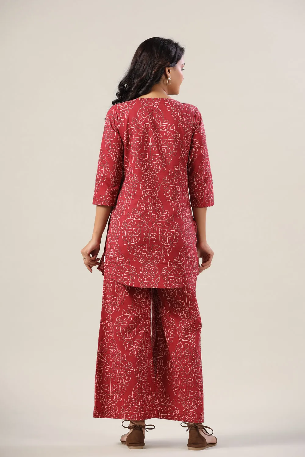 Floral Bhandej Dots on Maroon Cotton Palazzo Co-ord Set