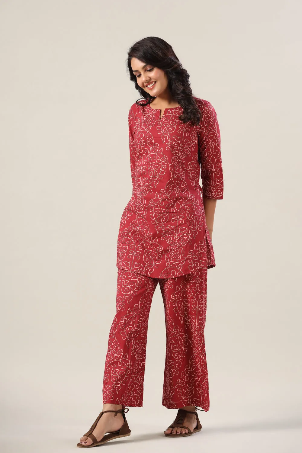 Floral Bhandej Dots on Maroon Cotton Palazzo Co-ord Set