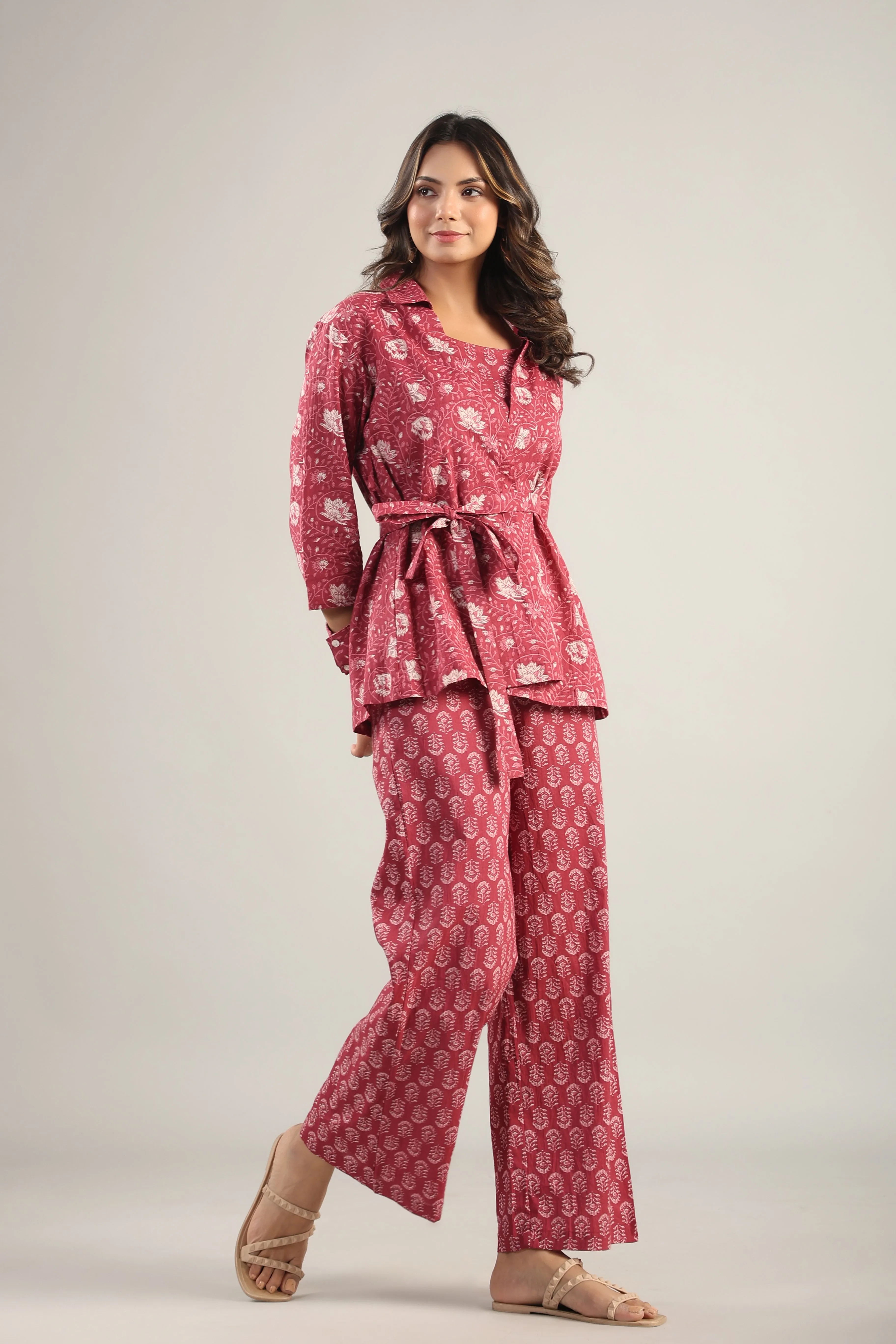 Floral fit Maroon Cotton Three Piece Set