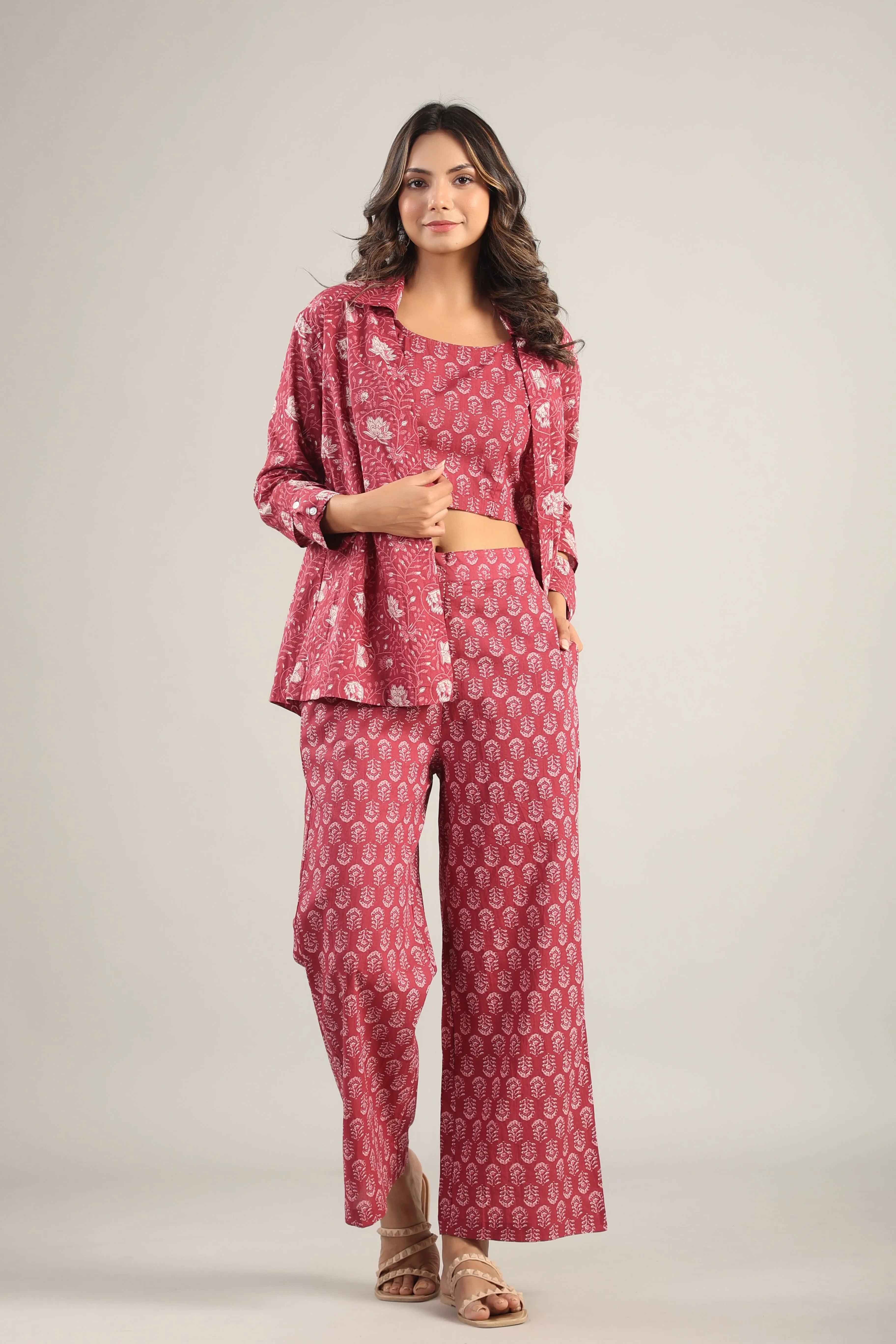 Floral fit Maroon Cotton Three Piece Set