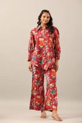 Floral Jaal on Maroon Collared Smoked Sleeves Co-ord Set