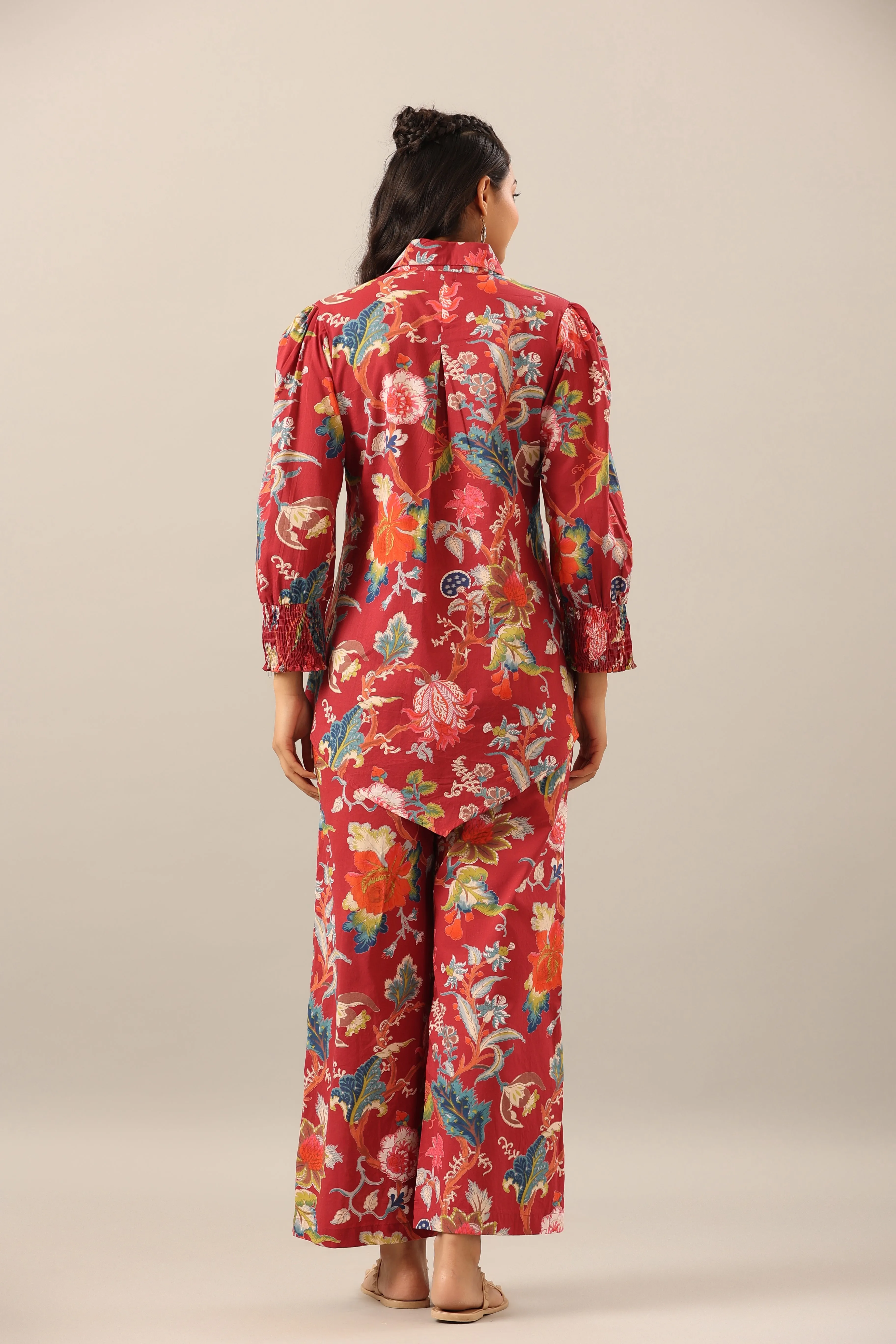 Floral Jaal on Maroon Collared Smoked Sleeves Co-ord Set