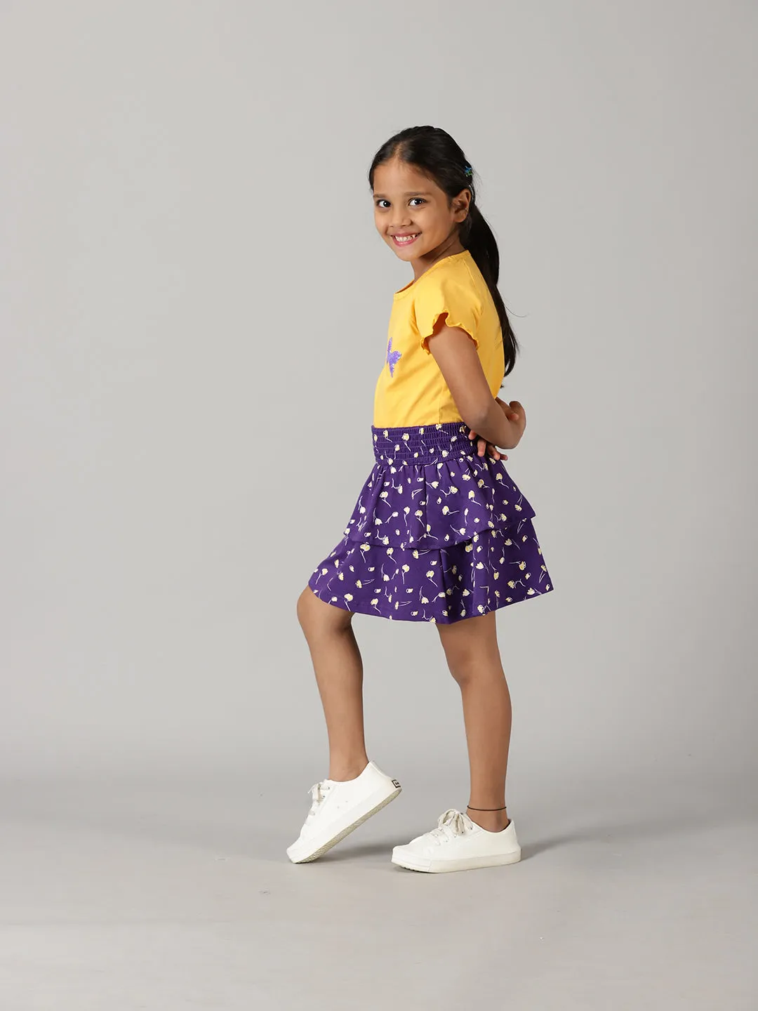 Girls Printed Raglan Sleeve Tee With AOP Printed Layerd Skirt Set