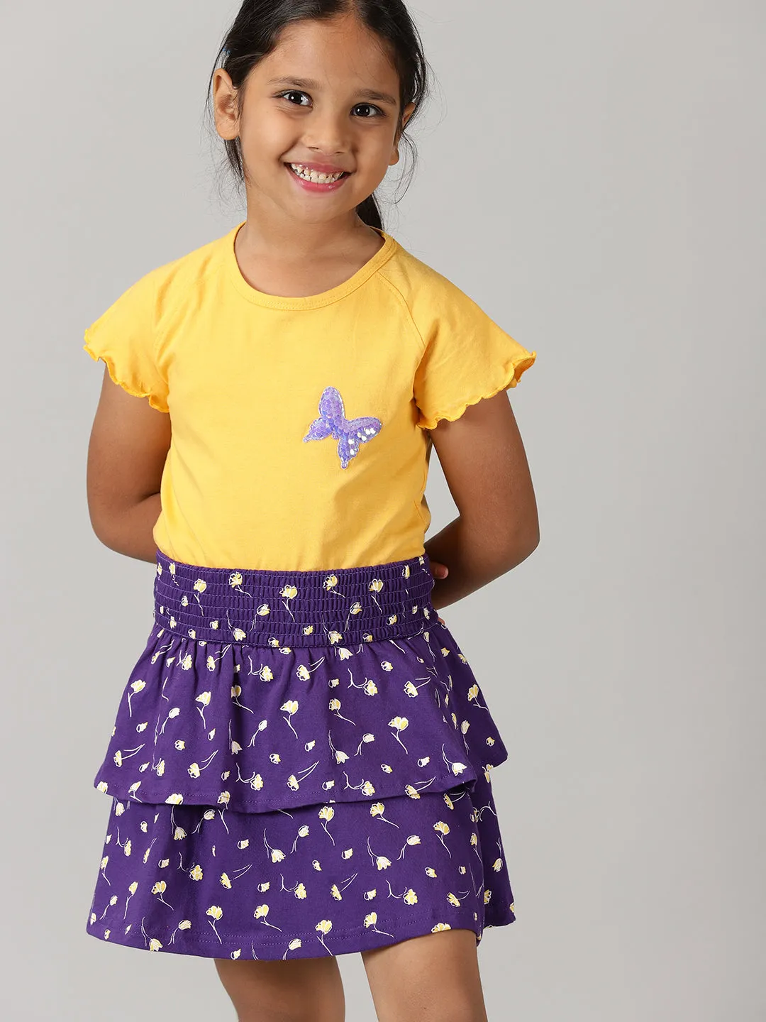 Girls Printed Raglan Sleeve Tee With AOP Printed Layerd Skirt Set