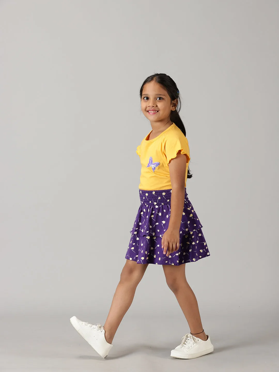 Girls Printed Raglan Sleeve Tee With AOP Printed Layerd Skirt Set