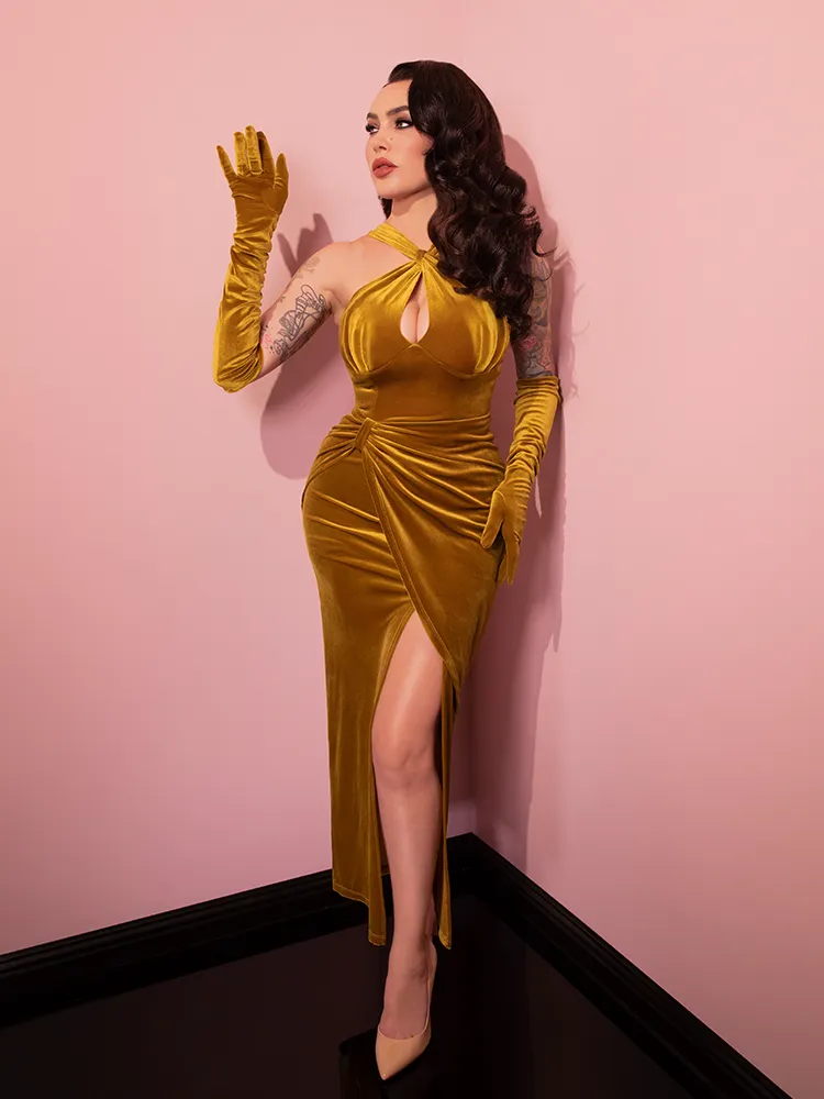 Golden Era Gown and Glove Set in Gold Velvet - Vixen by Micheline Pitt