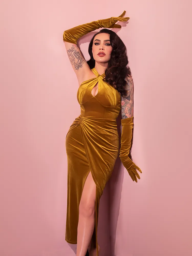 Golden Era Gown and Glove Set in Gold Velvet - Vixen by Micheline Pitt