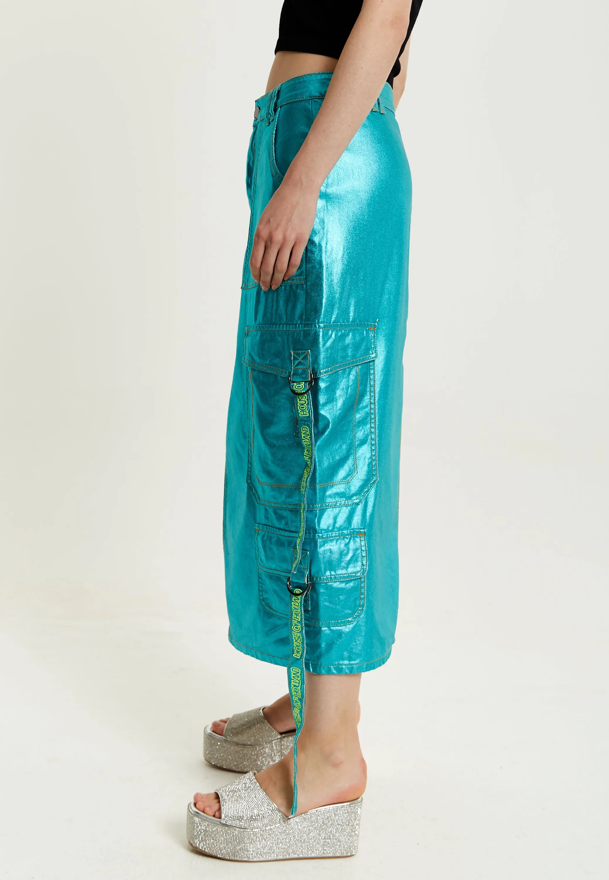 House Of Holland Metallic Blue Midi Skirt