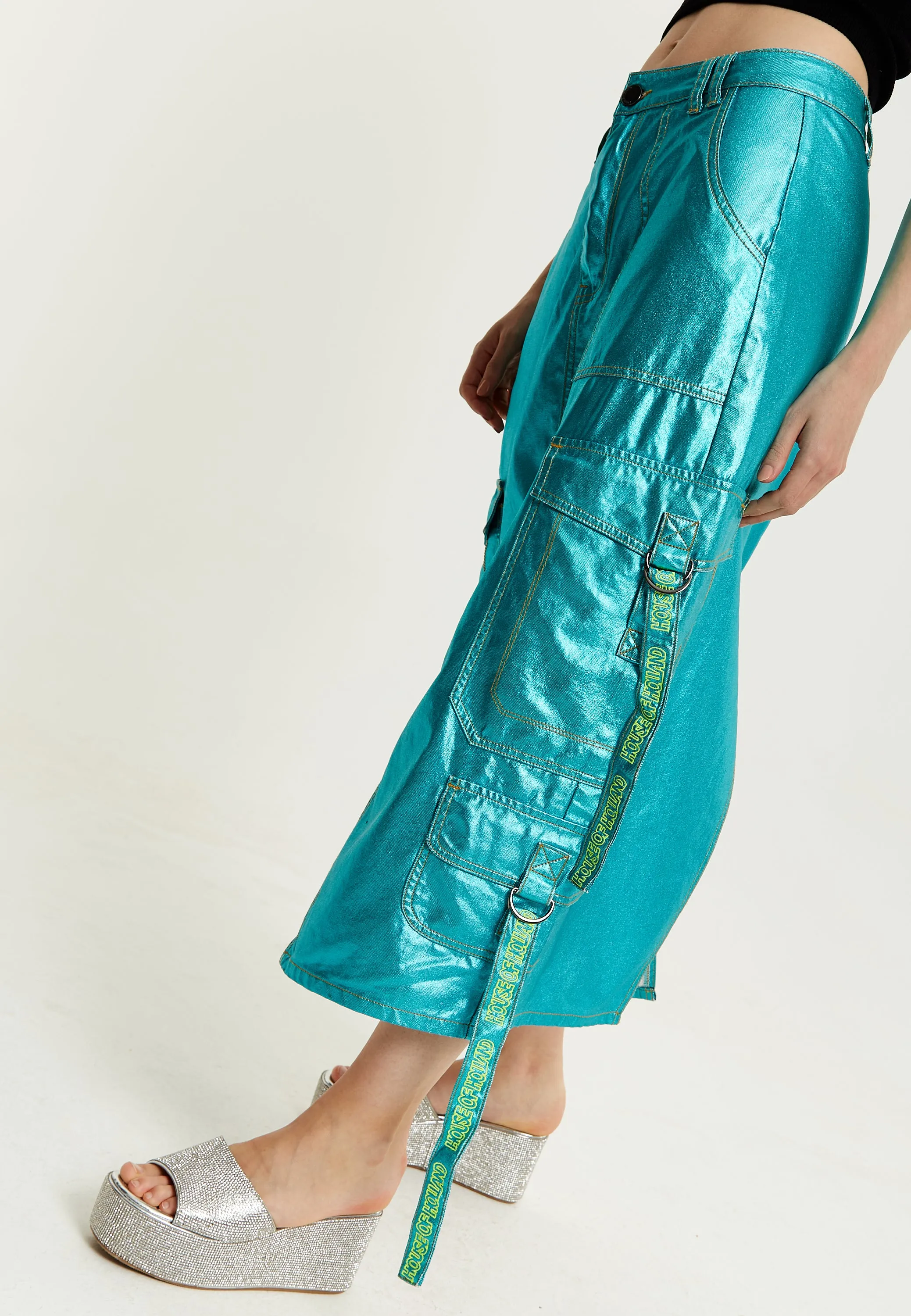 House Of Holland Metallic Blue Midi Skirt