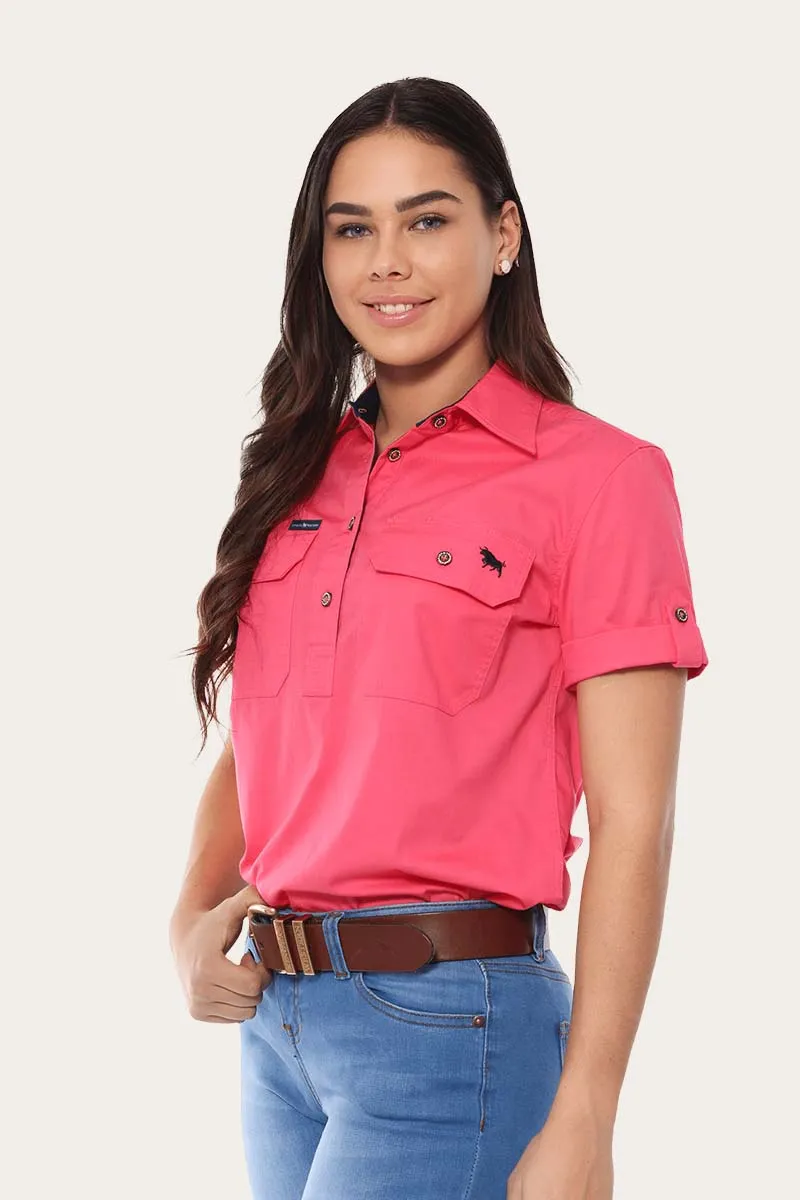 Jules Womens Half Button Short Sleeve Work Shirt - Melon