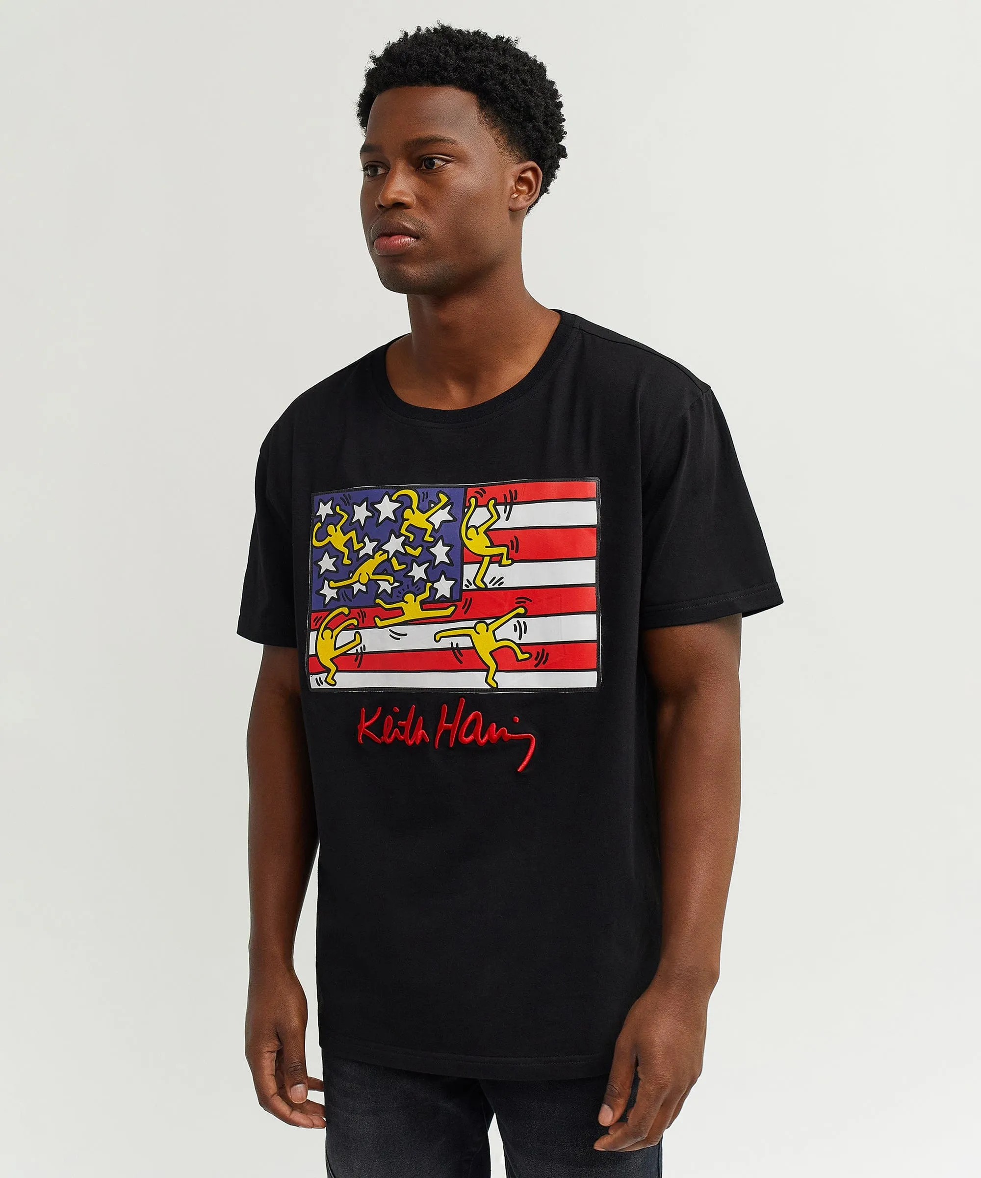 Keith Haring American Flag Embroidered Short Sleeve Tee - Black