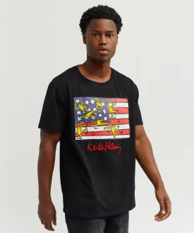 Keith Haring American Flag Embroidered Short Sleeve Tee - Black