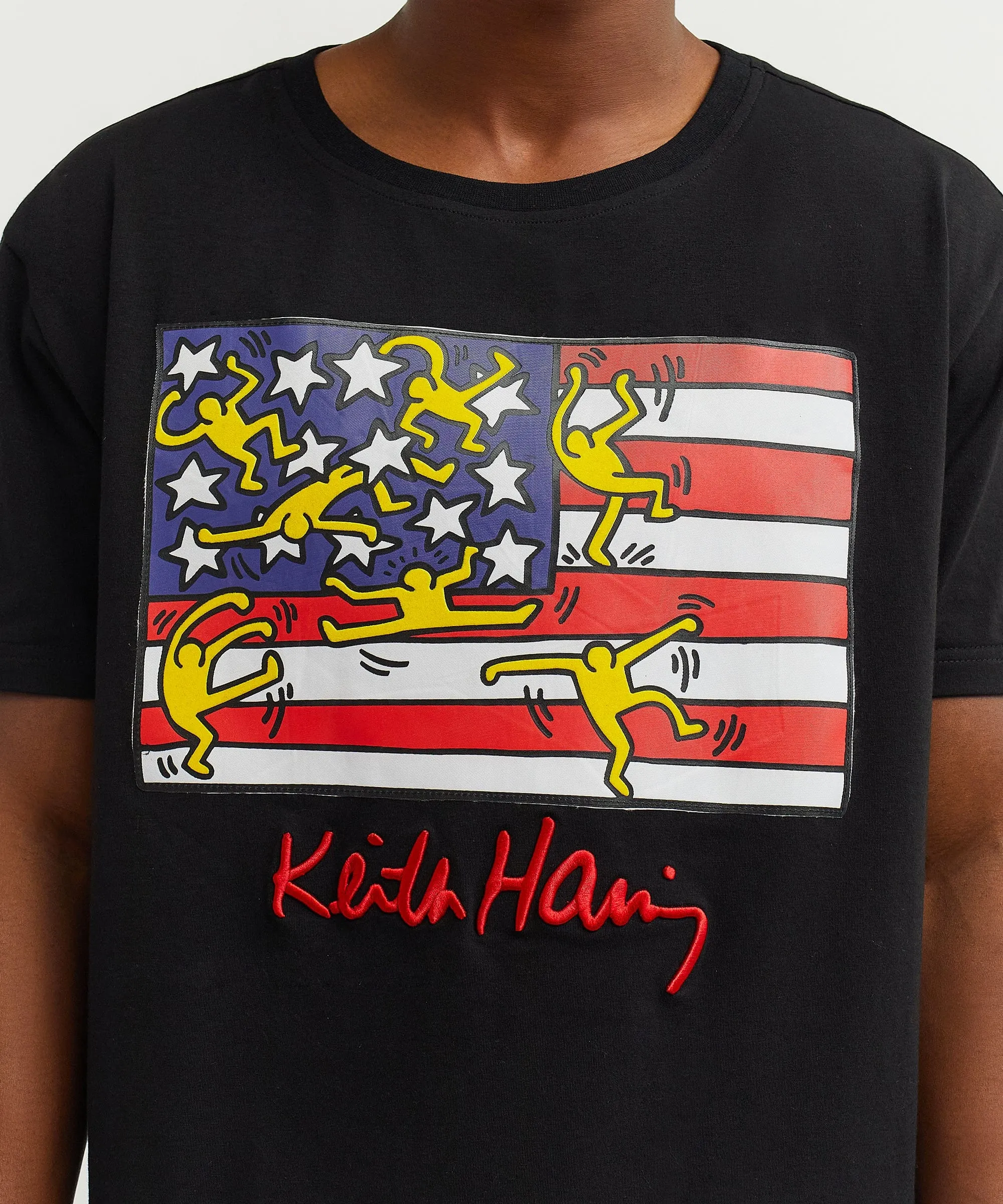 Keith Haring American Flag Embroidered Short Sleeve Tee - Black