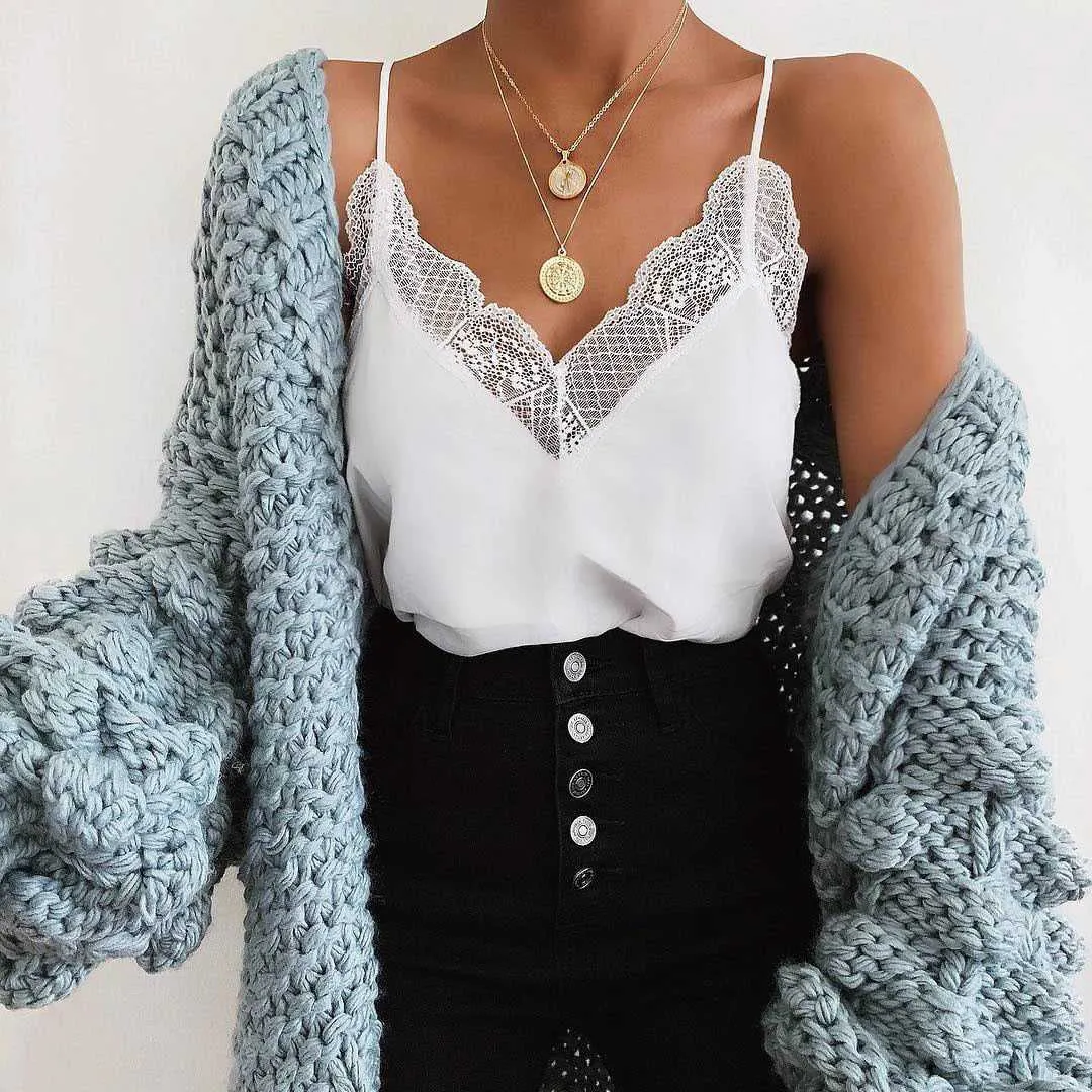 Lace Trimmed V Neck Swing Spaghetti Cami Top