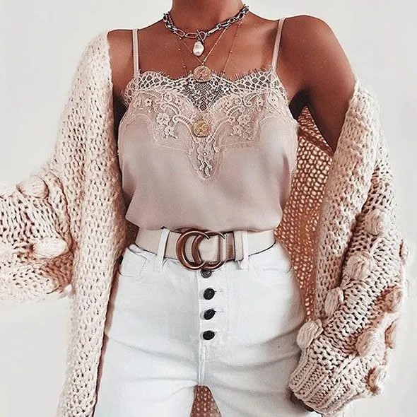 Lace Trimmed V Neck Swing Spaghetti Cami Top