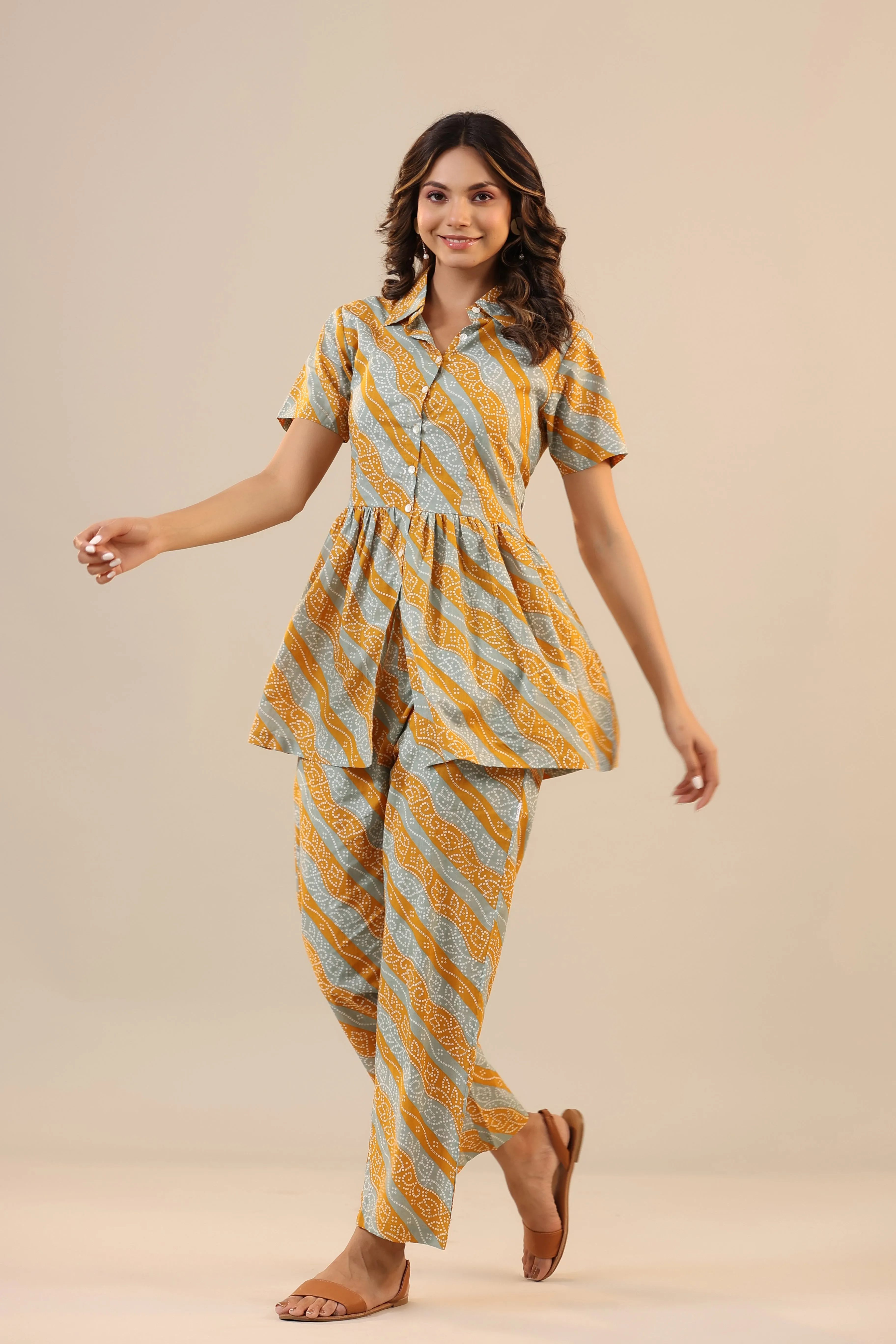 Lehariya with Bhandej on Cotton Peplum Co ord Set