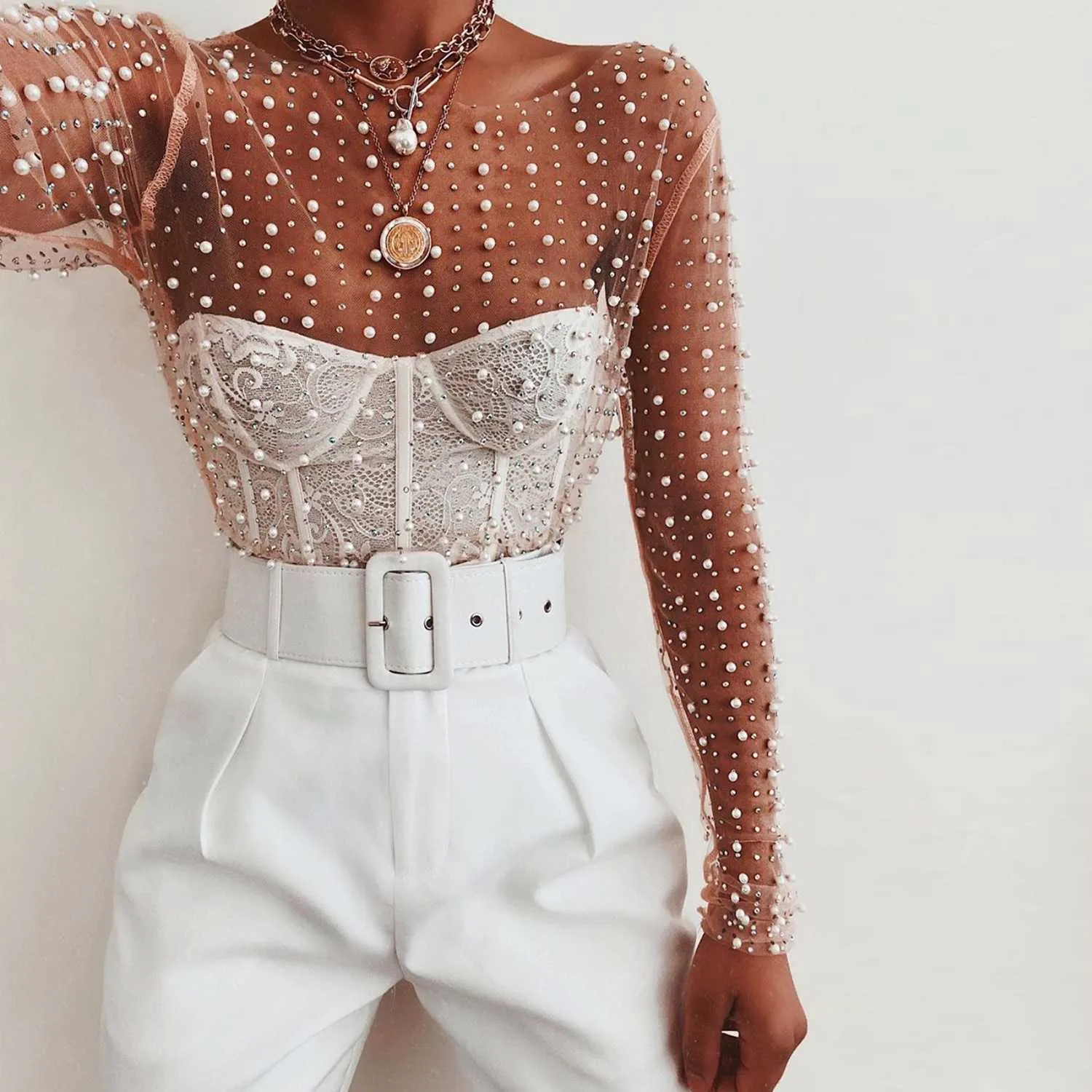 Luxury Pearls And Rhinestone Studded Embellished Mesh Shirts