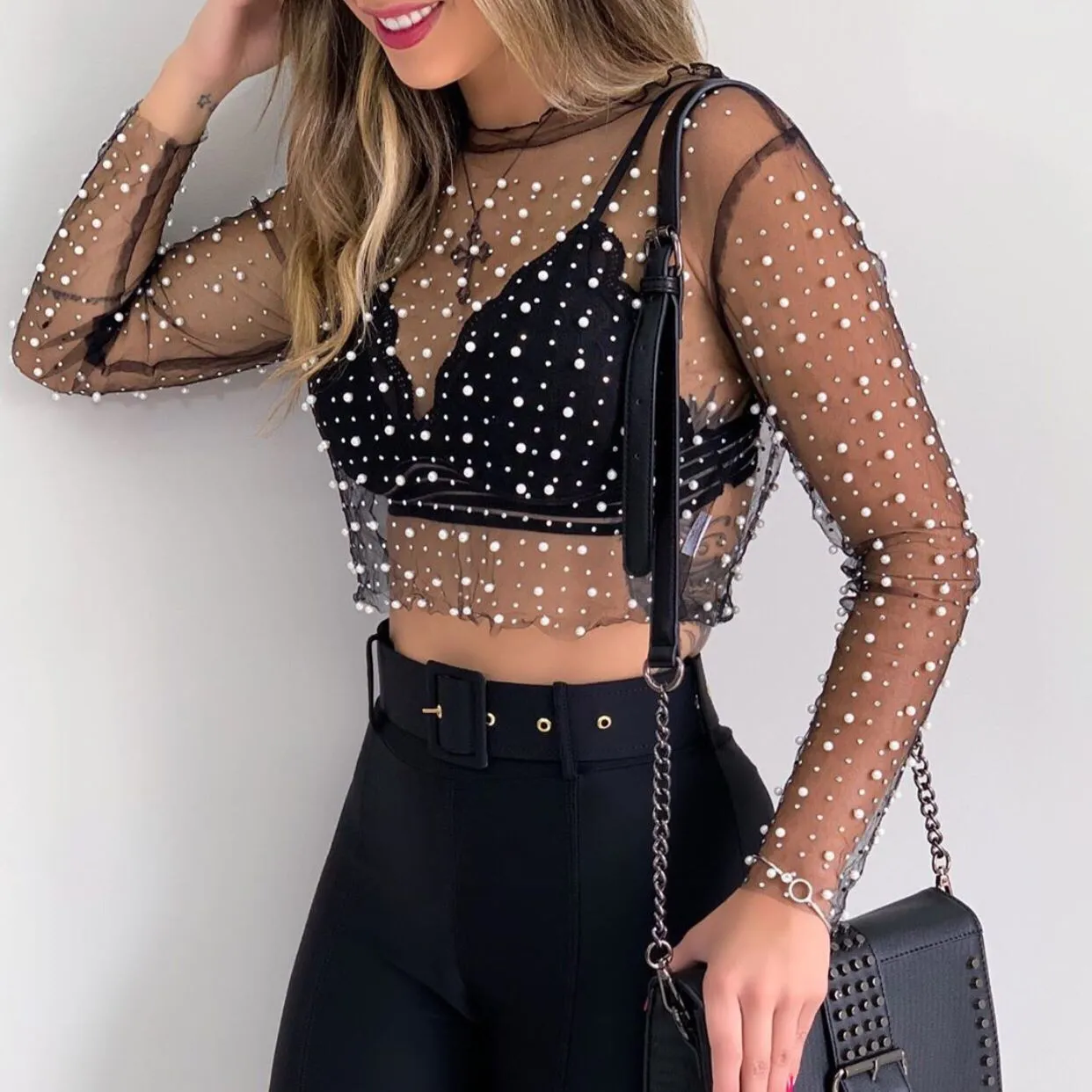 Luxury Pearls And Rhinestone Studded Embellished Mesh Shirts