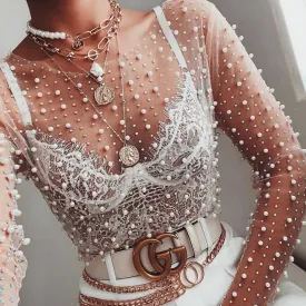 Luxury Pearls And Rhinestone Studded Embellished Mesh Shirts