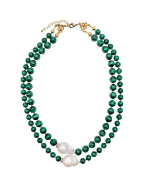 Malachite With Baroque Pearls Double Strands Necklace EN001