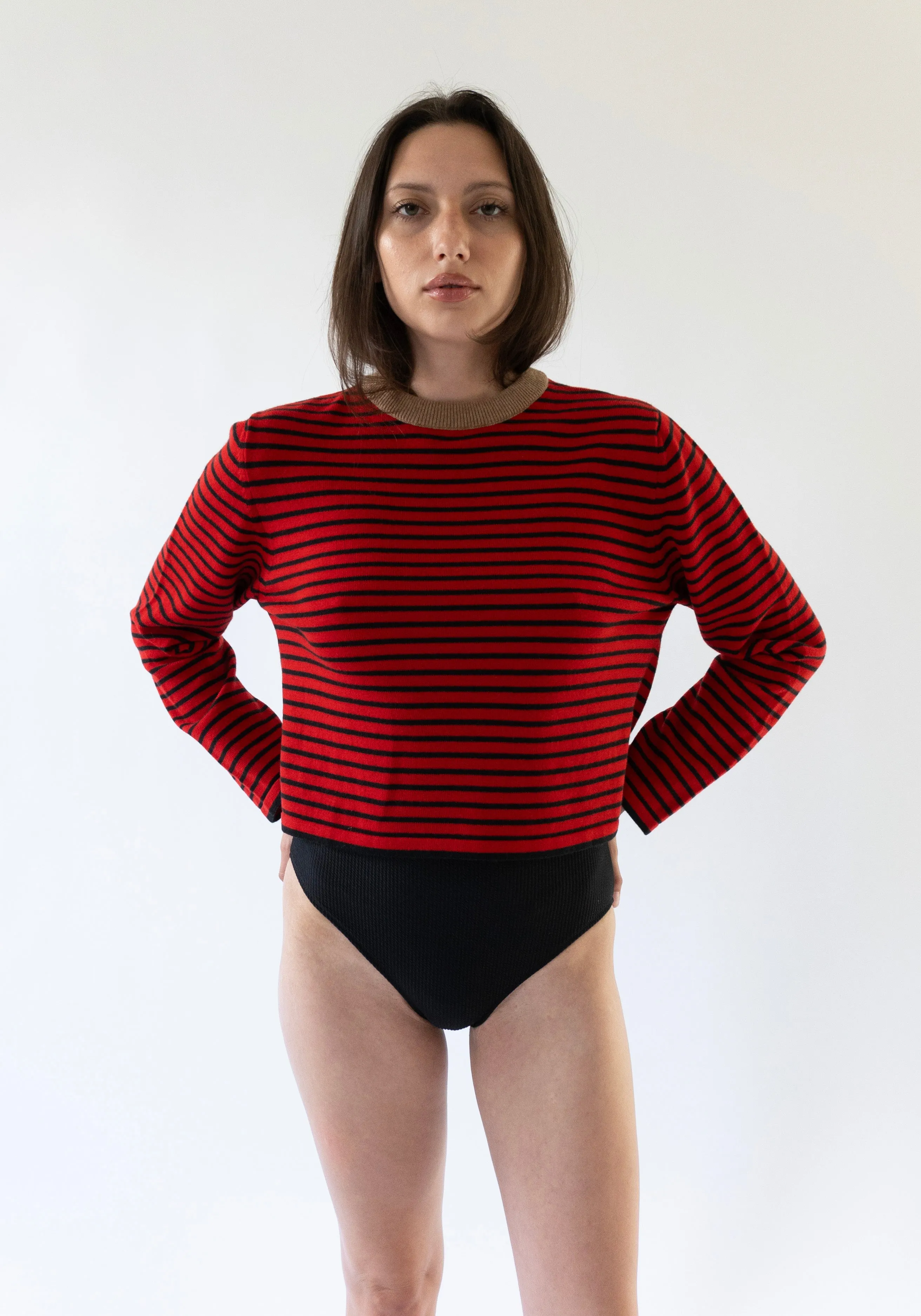 Merino Wool Striped Tee in Red