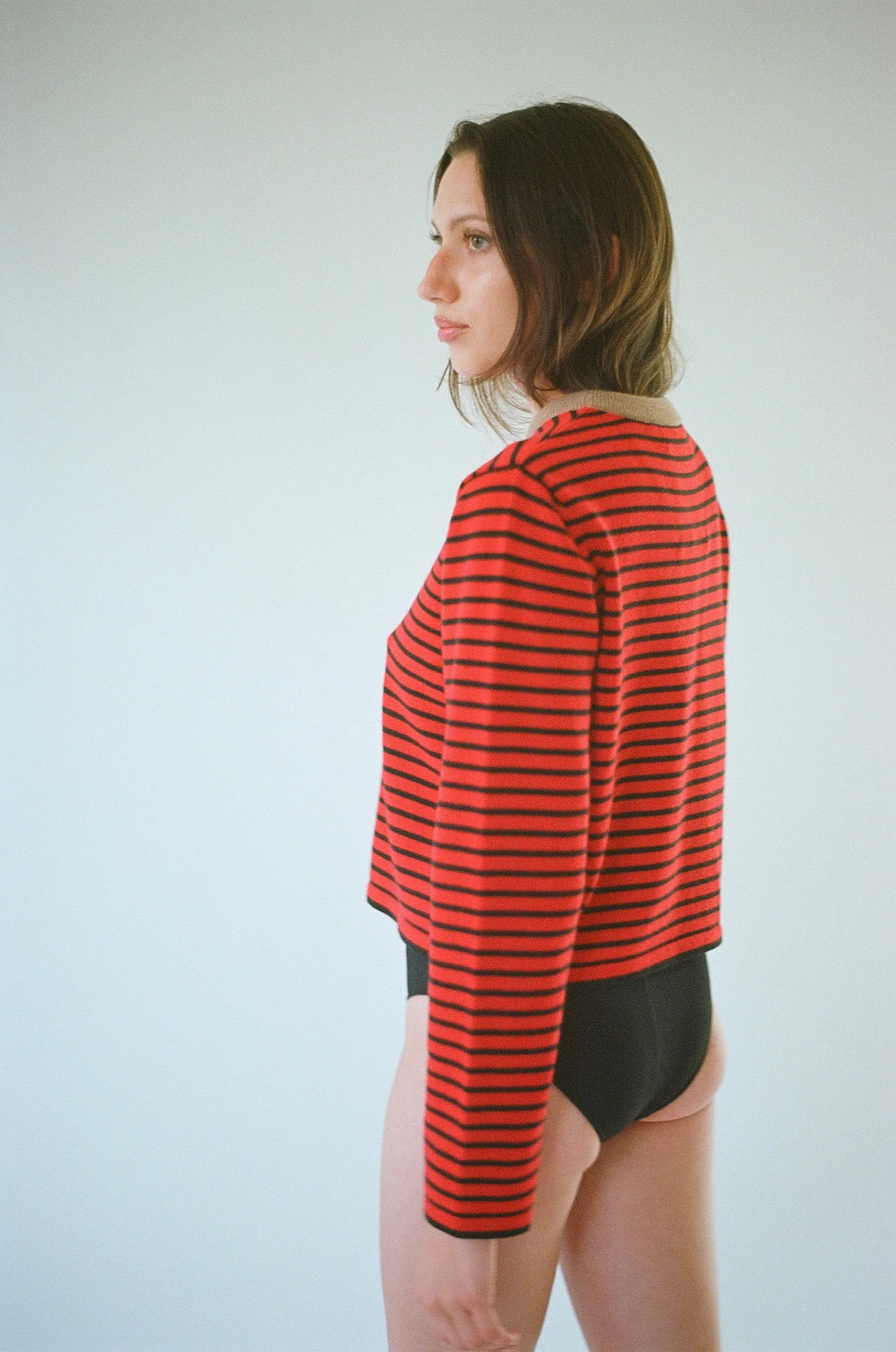 Merino Wool Striped Tee in Red