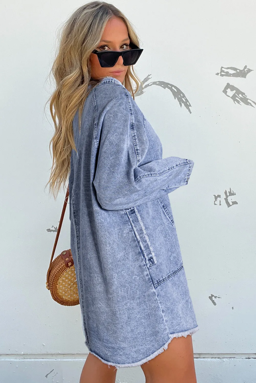 Mineral Wash Long Sleeve Button Up Raw Hem Pocketed Denim Dress