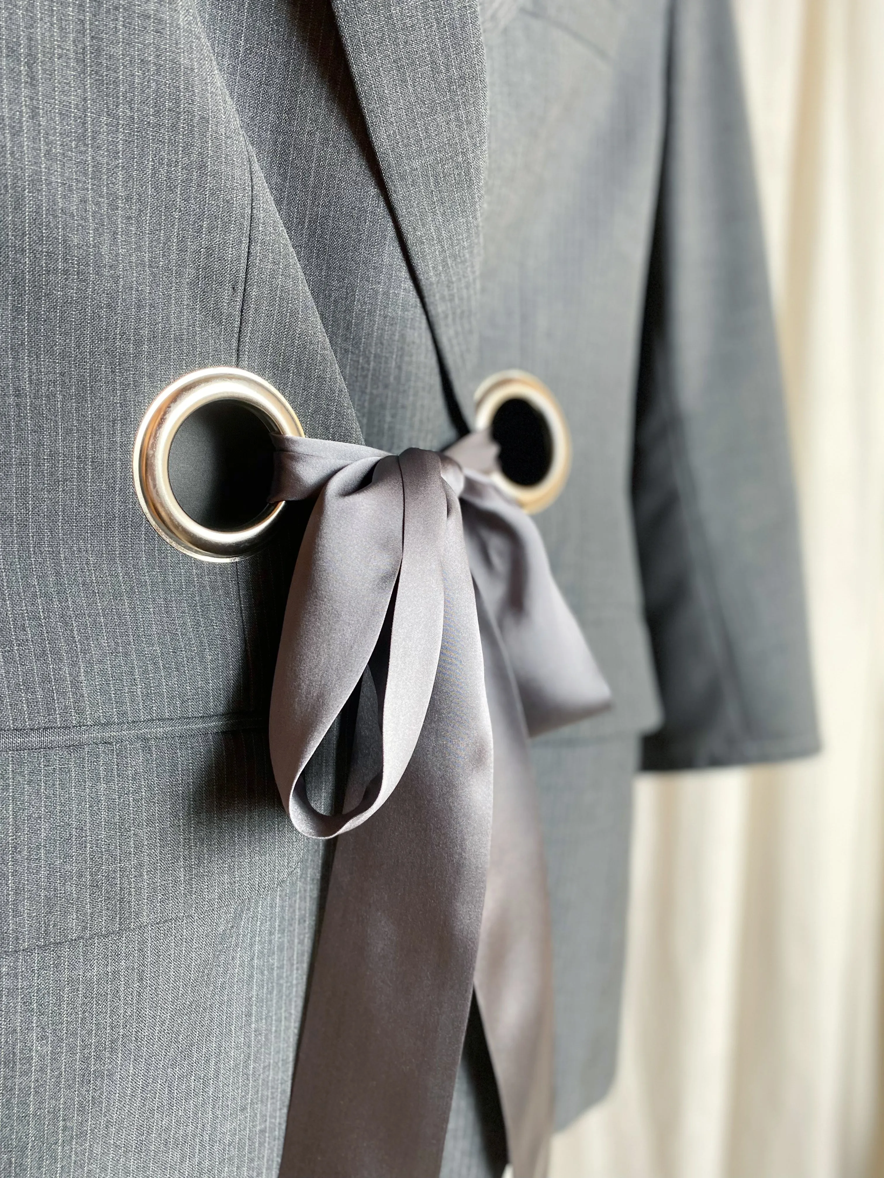 OUT OF OFFICE SUIT JACKET [ Wool Blend, Charcoal Tie Blazer, Silver Eyelets, Up To Size Medium / Large ]