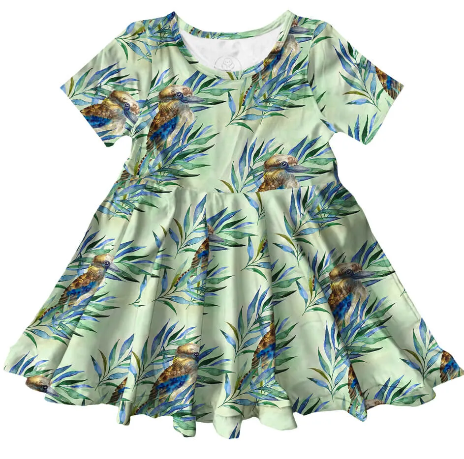 PREORDER Eucalyptus Kookaburra Short Sleeve Twirl Dress (Ships w/c 16th Sept)