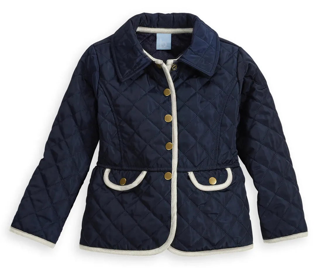 Quilted Peplum Coat, Navy with Ivory