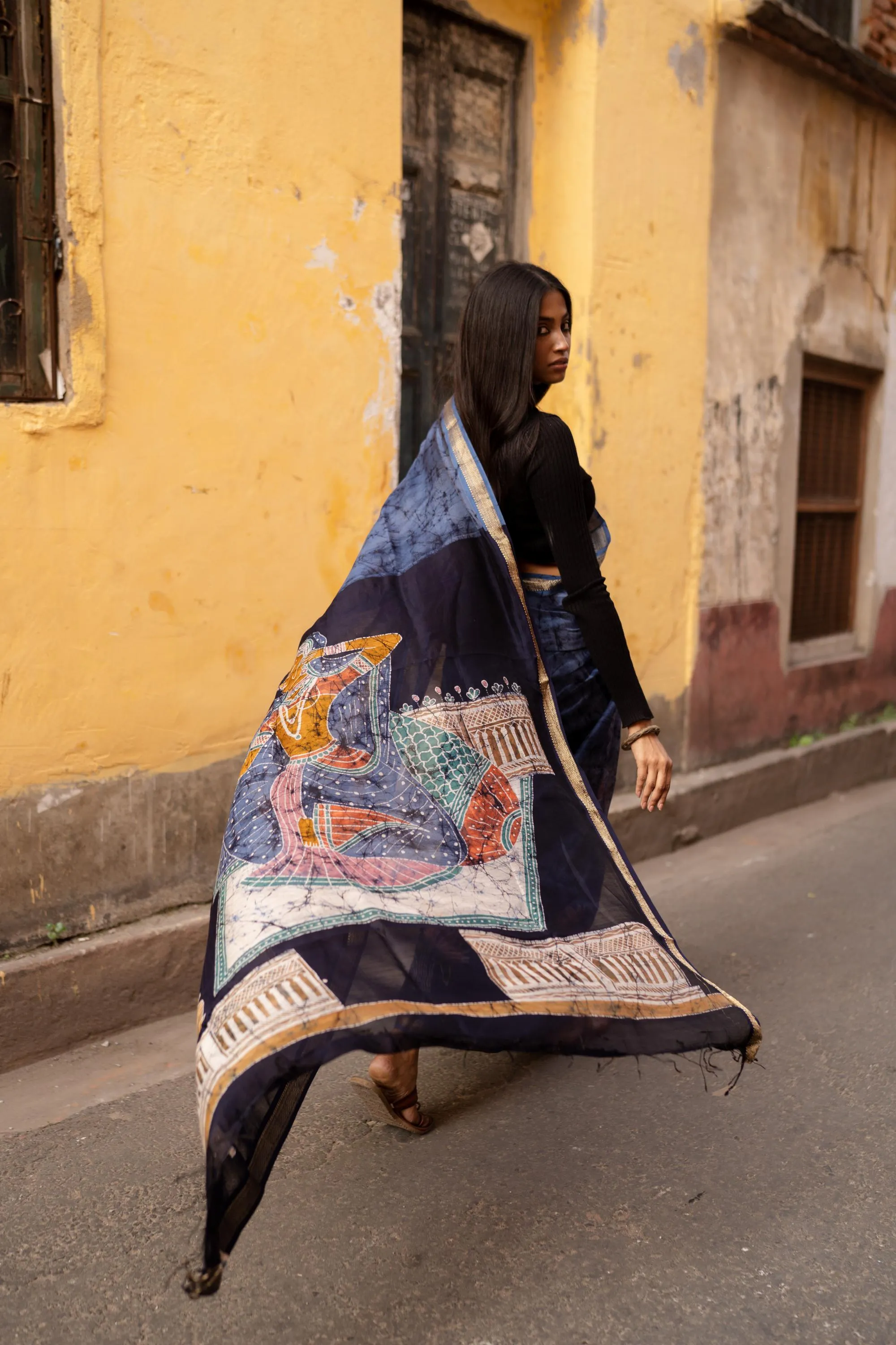 Ragni -  Narmada Batik Gond Blue Maheswari saree