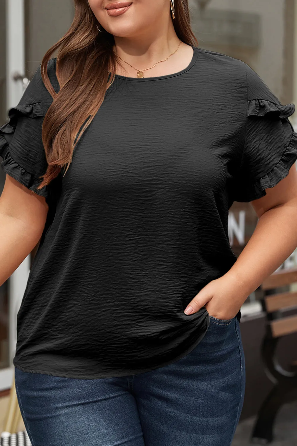 Ruffled Short Sleeve Top in Curvy Size Only