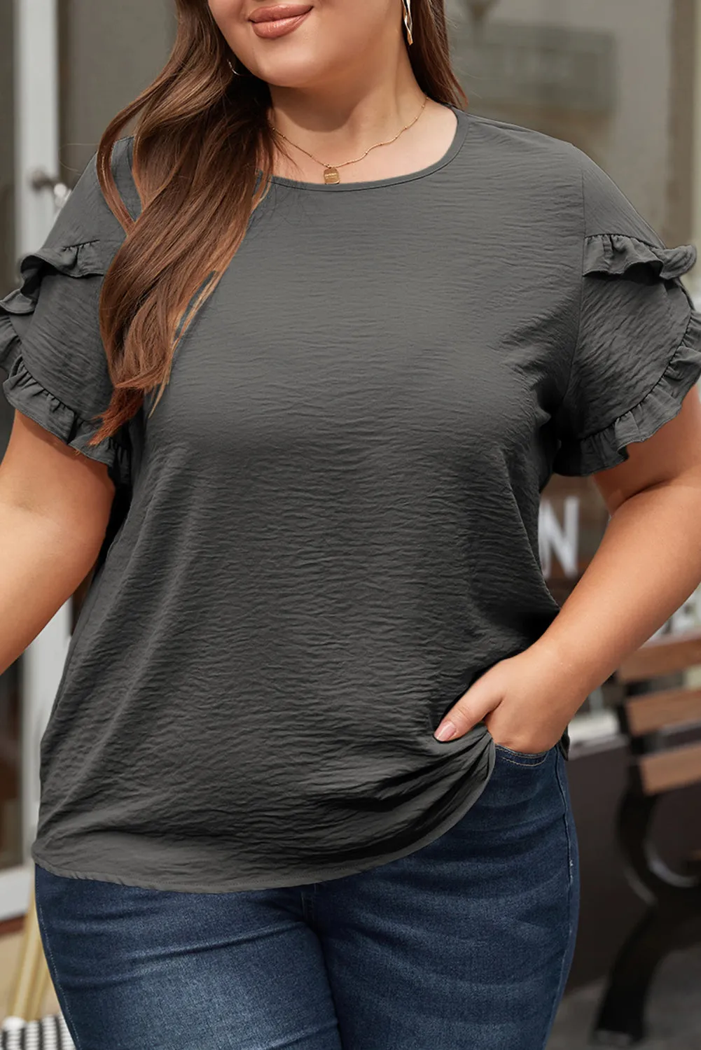 Ruffled Short Sleeve Top in Curvy Size Only