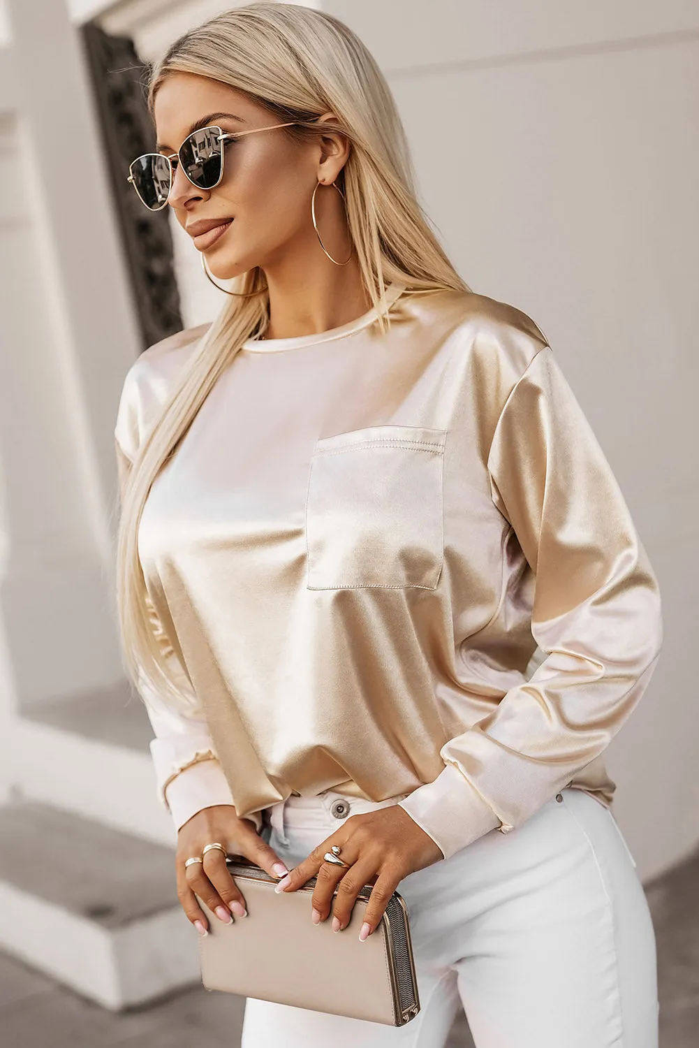 Satin long sleeve pocket top