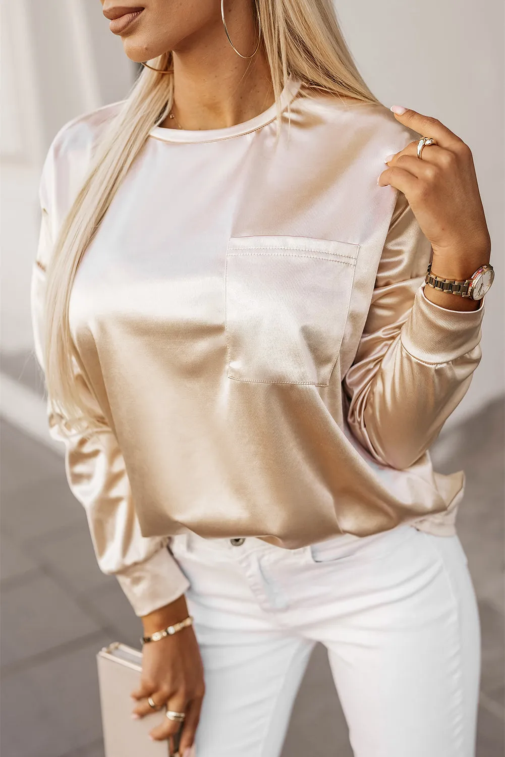 Satin long sleeve pocket top