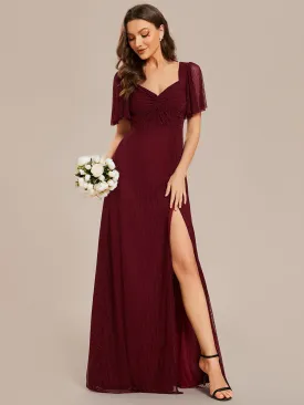 Shiny Maxi Long V-Neck Evening Dresses With Short Sleeve